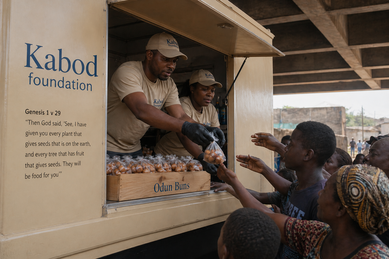 Kabod Foundation team distributing food from a kiosk